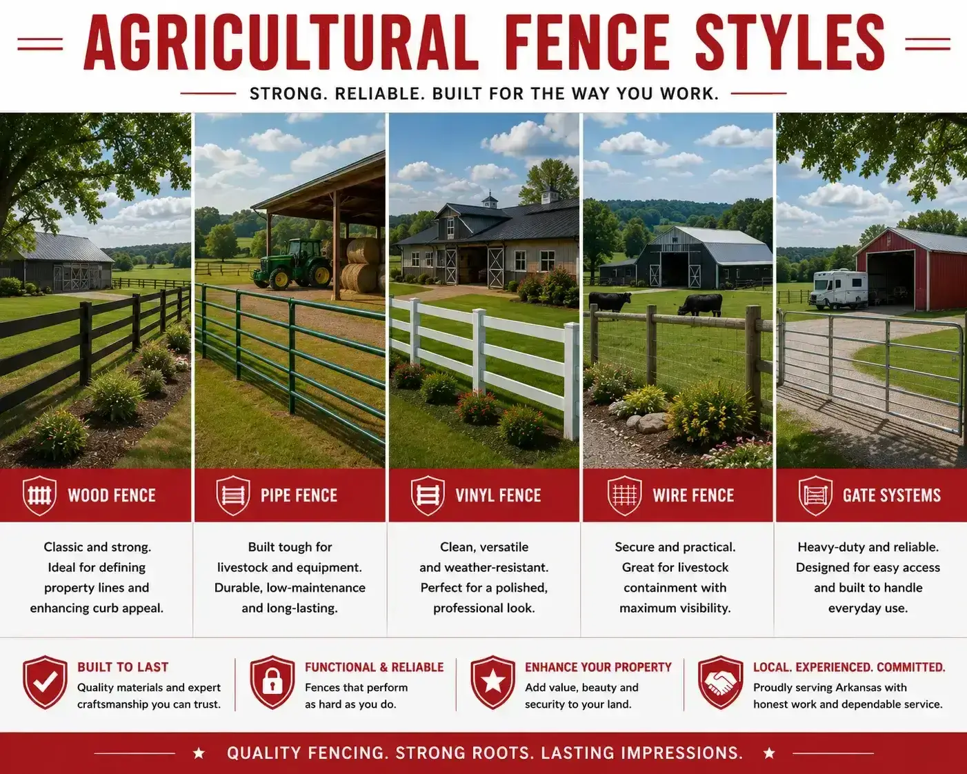 Agricultural fence styles — wood, pipe, vinyl, wire, and gate systems for Arkansas farms and ranches